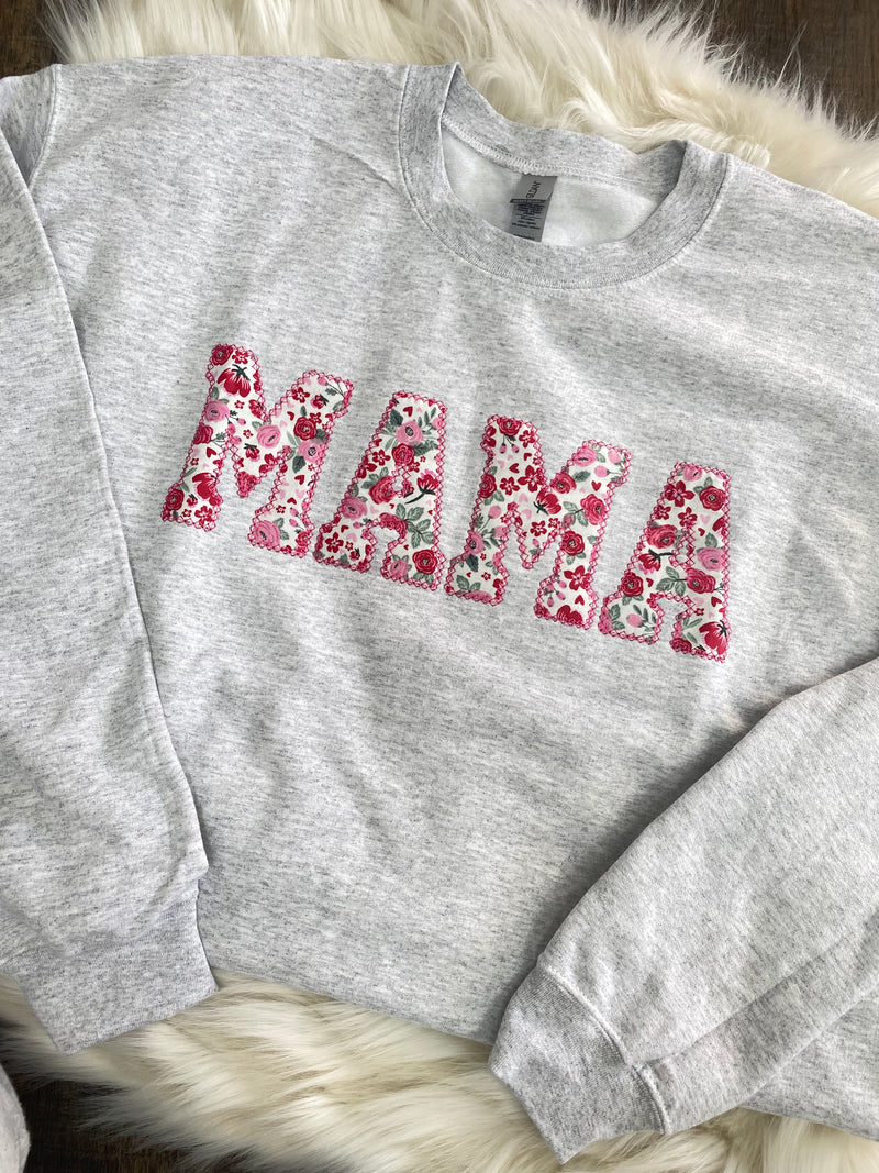 Mama Embroidered Pink and Red Floral Applique Sweatshirt