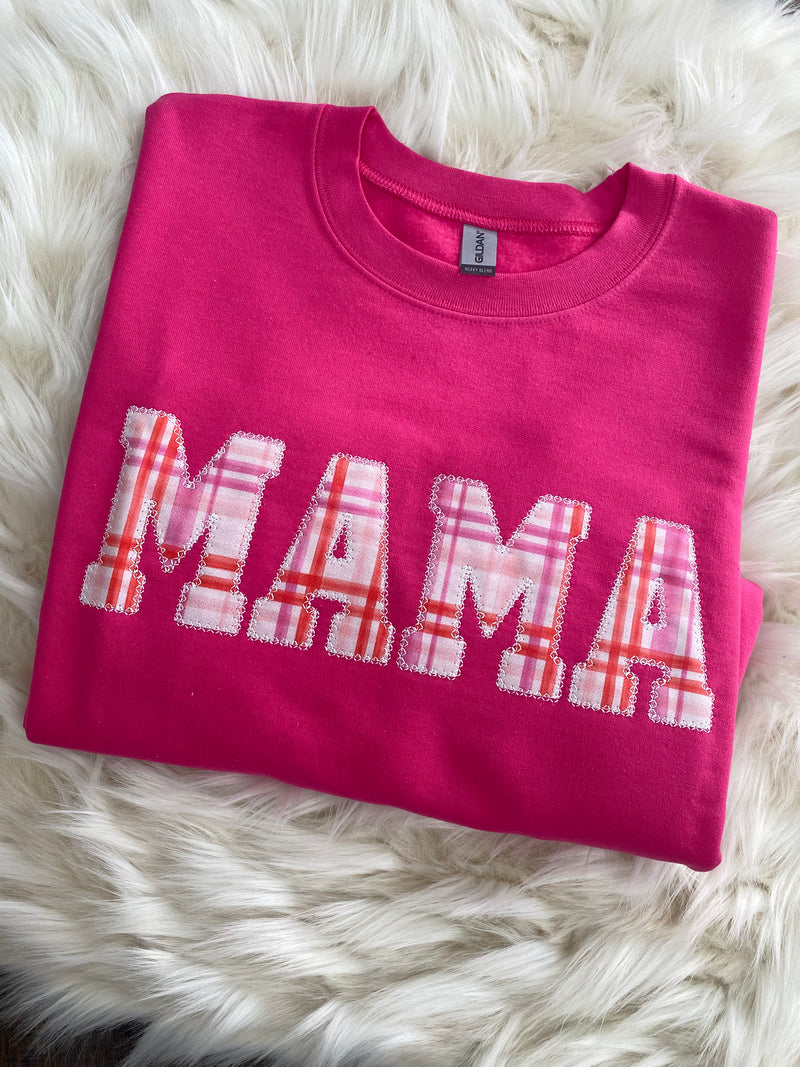 Mama Embroidered Pink Plaid Applique Sweatshirt